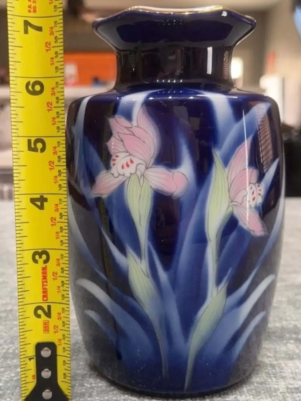 Pier One Japanese Cobalt Blue Porcelain Floral Vase 6 Inch